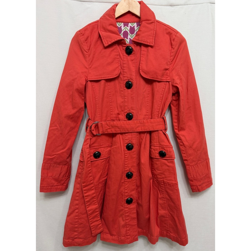 Anthropologie Odille Women's Coral Red Floral Tulip Lining Trench Coat Small